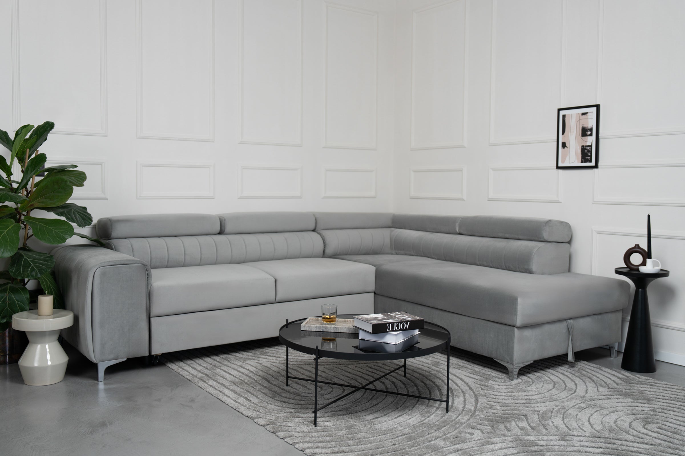 Colțar Extensibil TIME, cu lada depozitare, tetiere reglabile, 285x220x95 cm, #color_Gri-Silver-Velluto