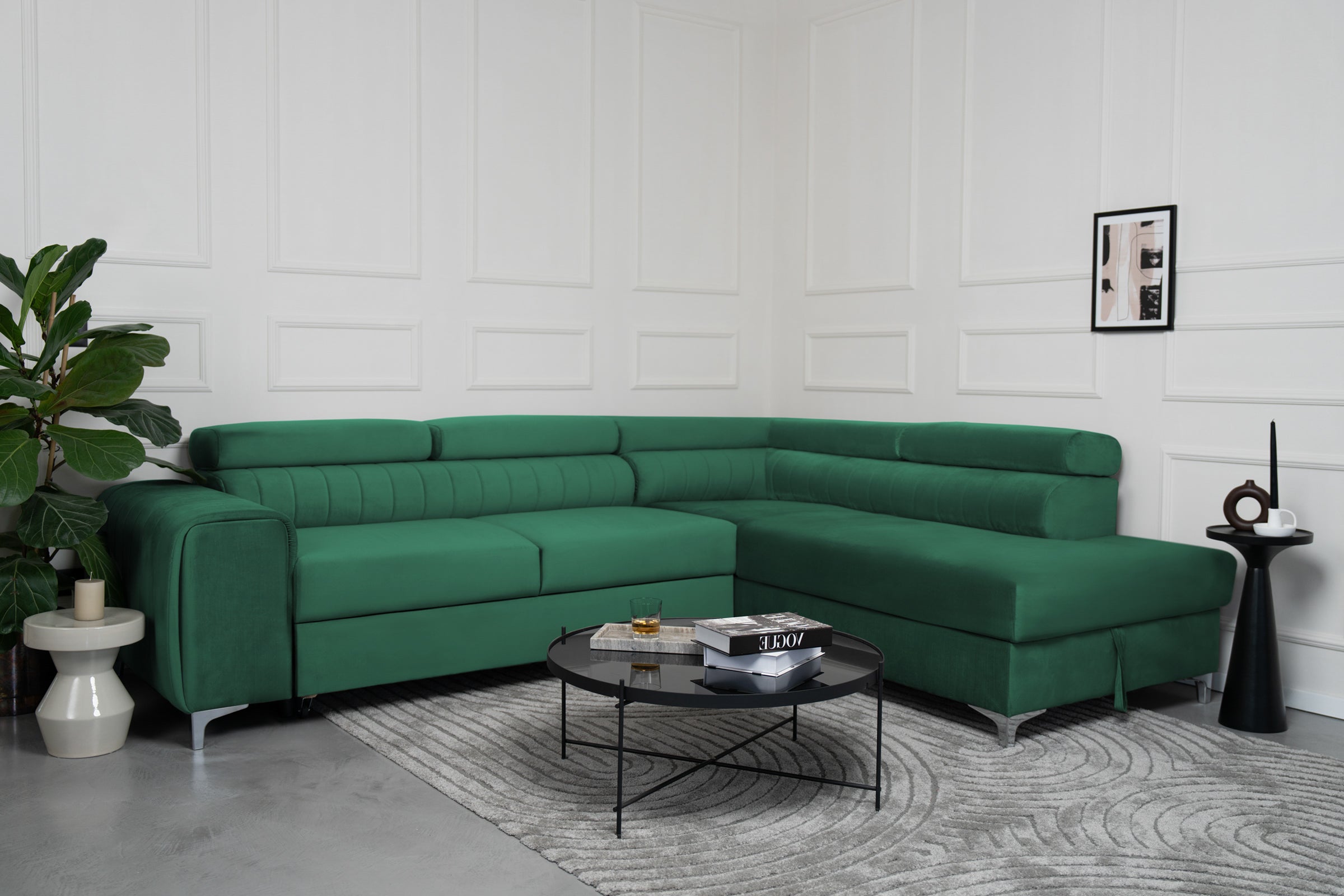 Colțar Extensibil TIME, cu lada depozitare, tetiere reglabile, 285x220x95 cm, #color_Verde-Padure-Velluto