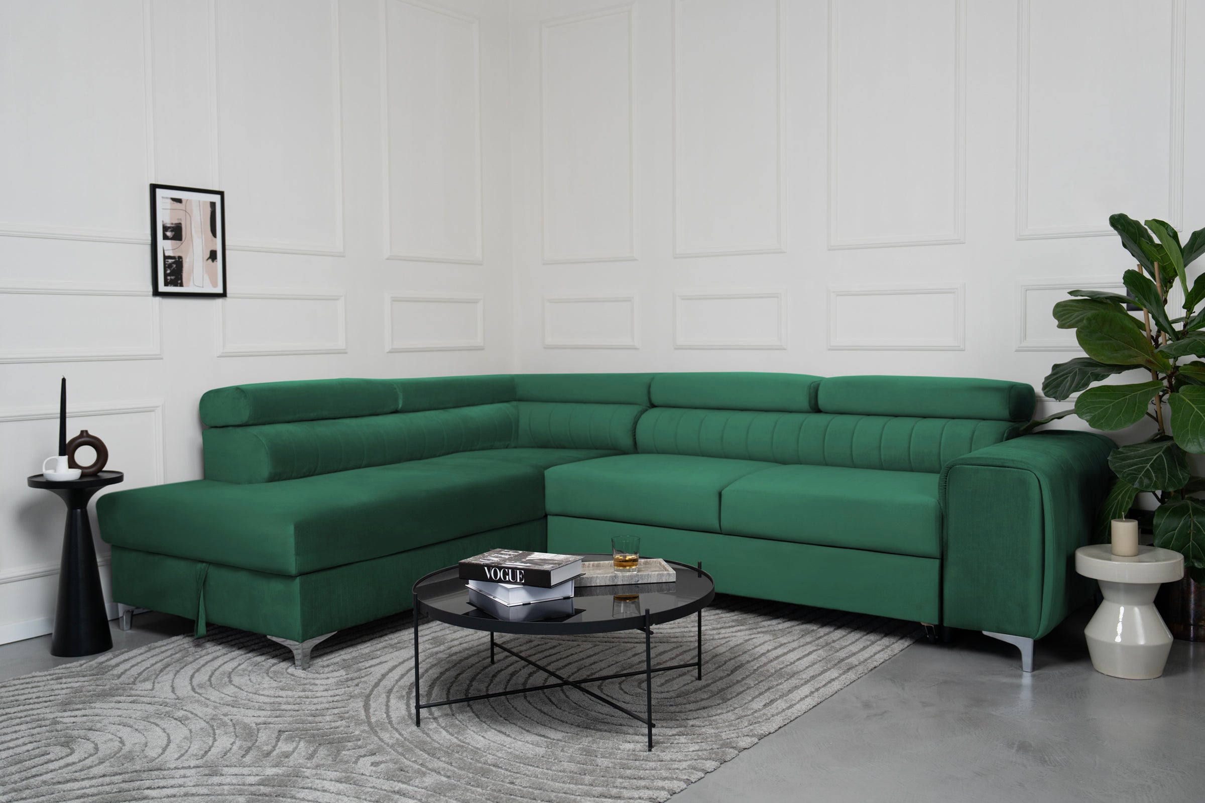 Colțar Extensibil TIME, cu lada depozitare, tetiere reglabile, 285x220x95 cm, #color_Verde-Padure-Velluto
