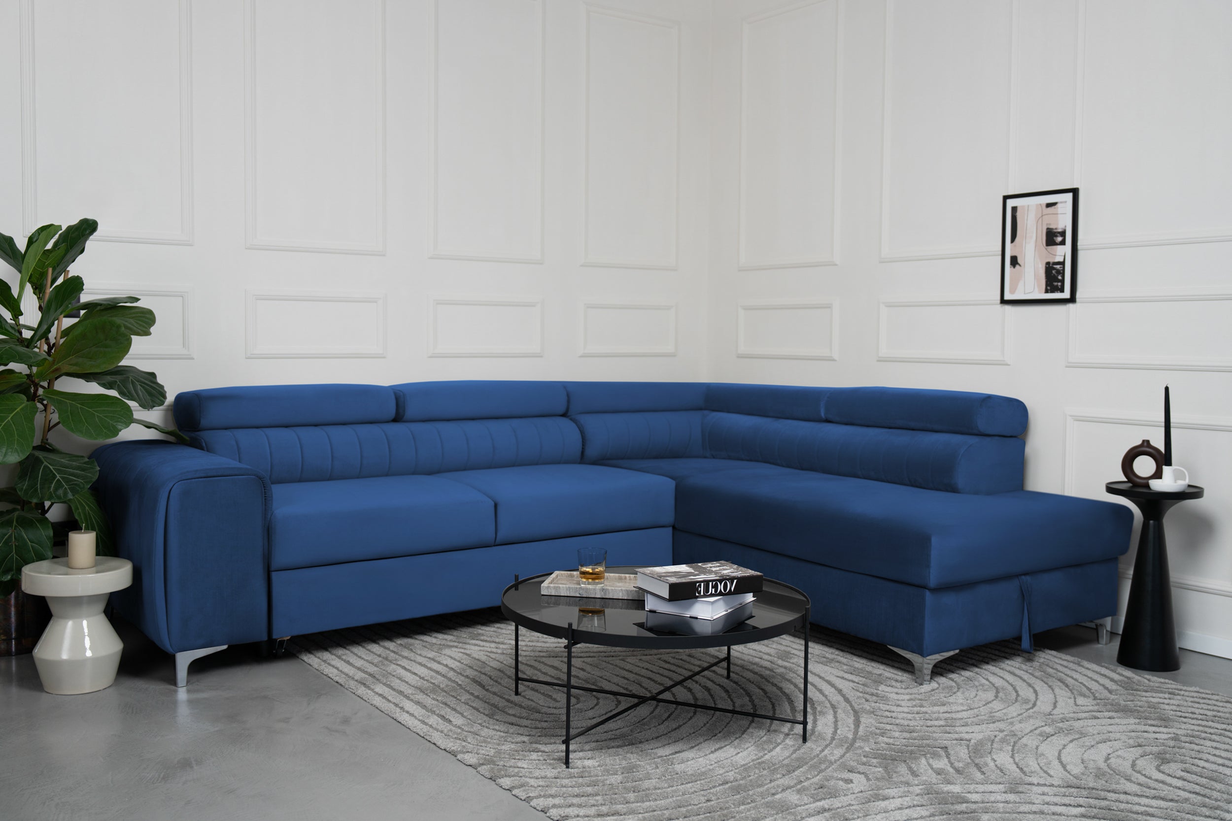 Colțar Extensibil TIME, cu lada depozitare, tetiere reglabile, 285x220x95 cm, #color_Albastru-Velluto