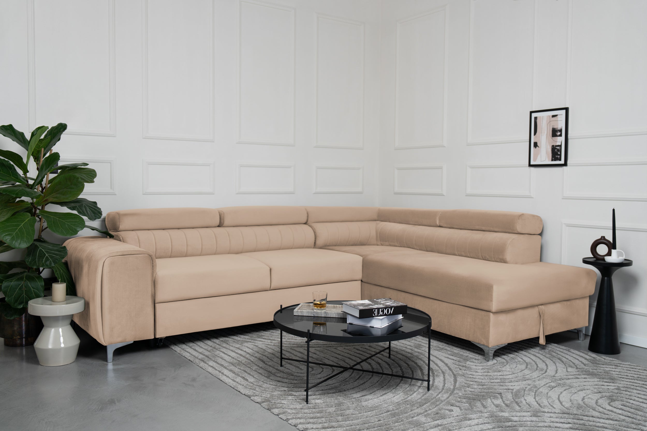 Colțar Extensibil TIME, cu lada depozitare, tetiere reglabile, 285x220x95 cm, #color_Bej-Velluto