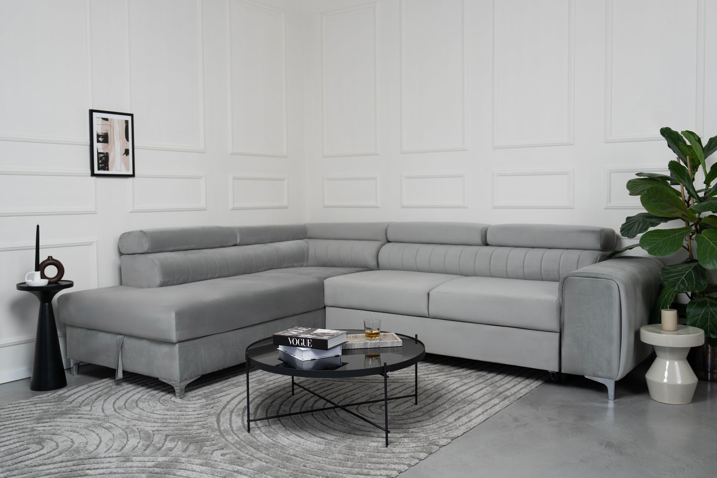 Colțar Extensibil TIME, cu lada depozitare, tetiere reglabile, 285x220x95 cm, #color_Gri-Silver-Velluto