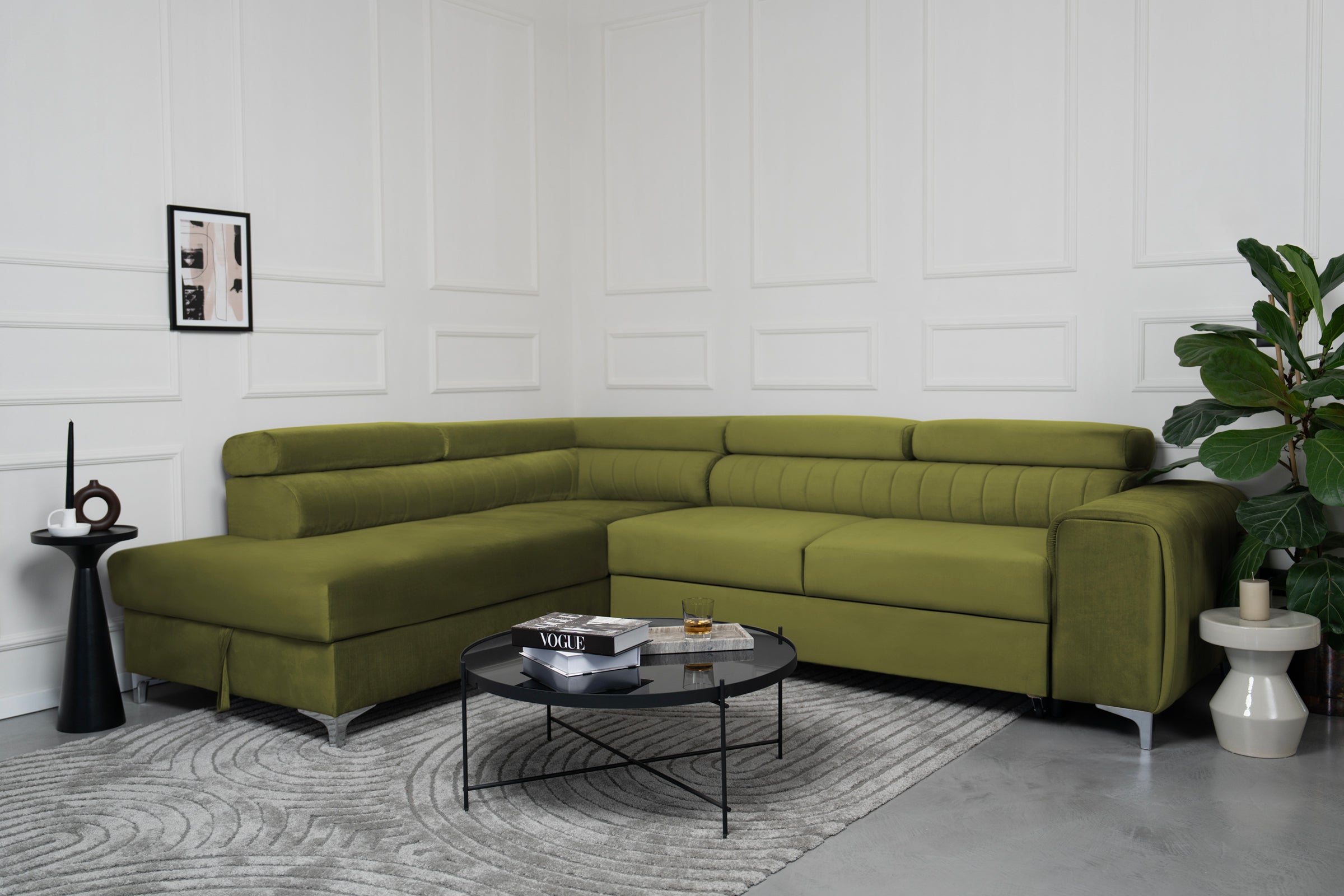 Colțar Extensibil TIME, cu lada depozitare, tetiere reglabile, 285x220x95 cm, #color_Verde-Olive-Velluto