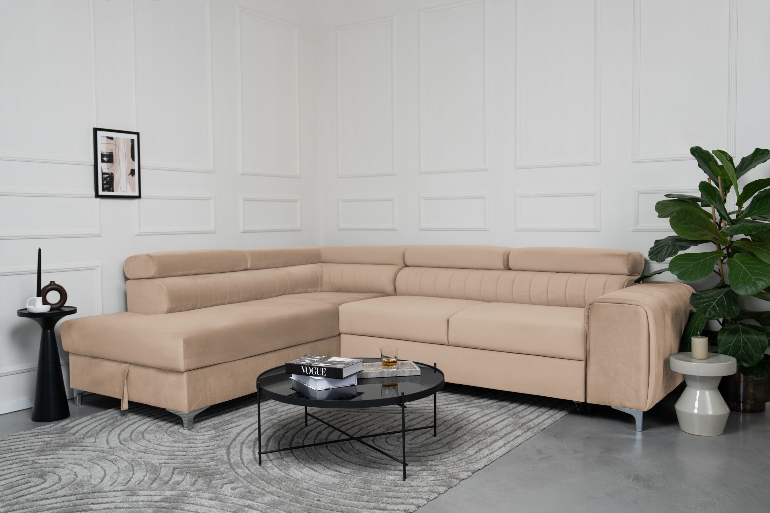Colțar Extensibil TIME, cu lada depozitare, tetiere reglabile, 285x220x95 cm, #color_Bej-Velluto