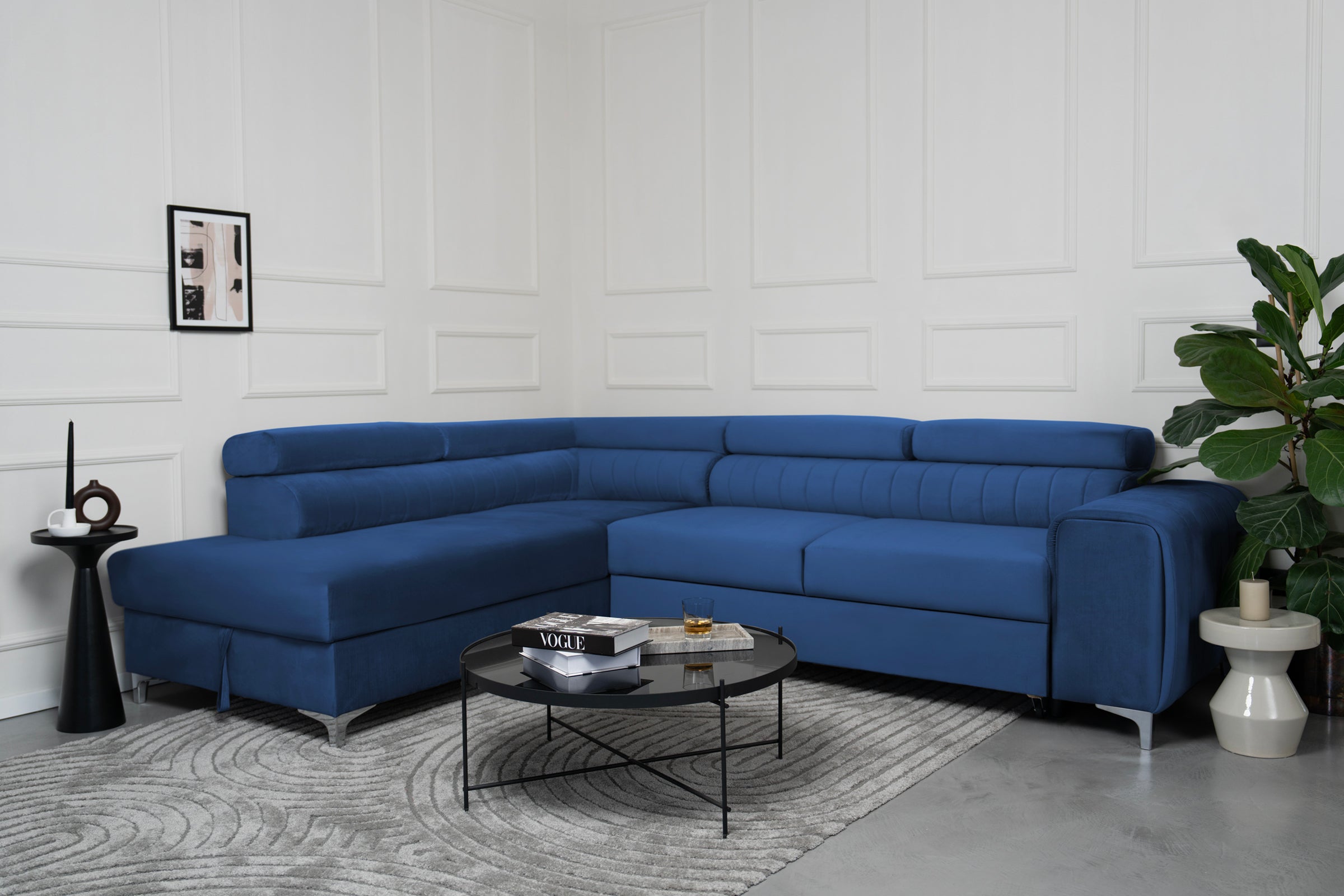 Colțar Extensibil TIME, cu lada depozitare, tetiere reglabile, 285x220x95 cm, #color_Albastru-Velluto