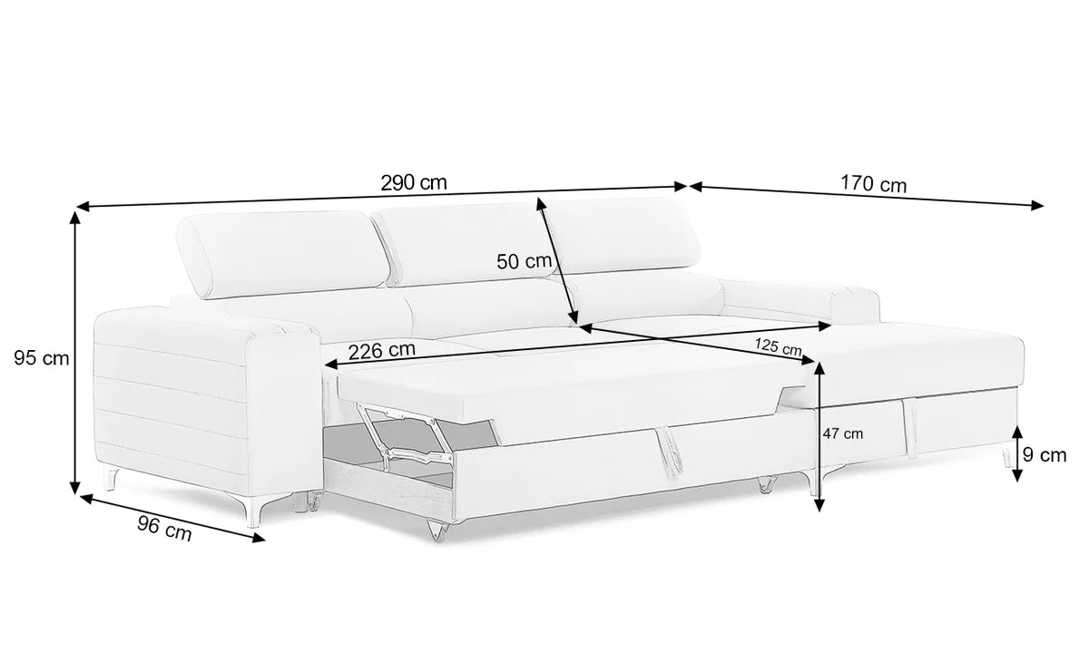 Colțar Extensibil LOFT NEW, cu lada depozitare, tetiere reglabile, 290x170x95 cm