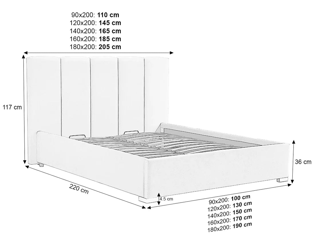 Pat Tapițat Luna, cu somieră rabatabilă și ladă de depozitare, 140x200 cm, Lavanda - Outlet