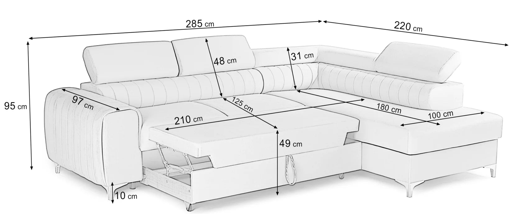 Colțar Extensibil TIME, cu lada depozitare, tetiere reglabile, varianta pe dreapta, 285x220x95 cm, Albastru închis - Outlet