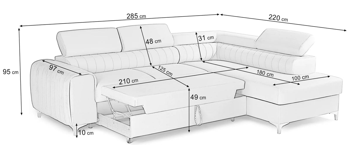 Colțar Extensibil TIME, cu lada depozitare, tetiere reglabile, varianta pe dreapta, 285x220x95 cm, Maro Deschis - Outlet