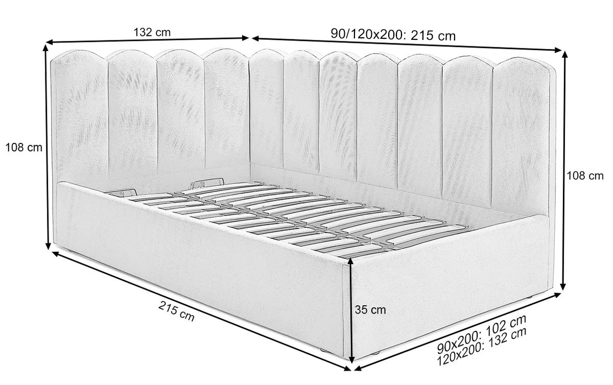 Pat Tapițat Princess de colț, cu somieră rabatabilă și ladă depozitare
