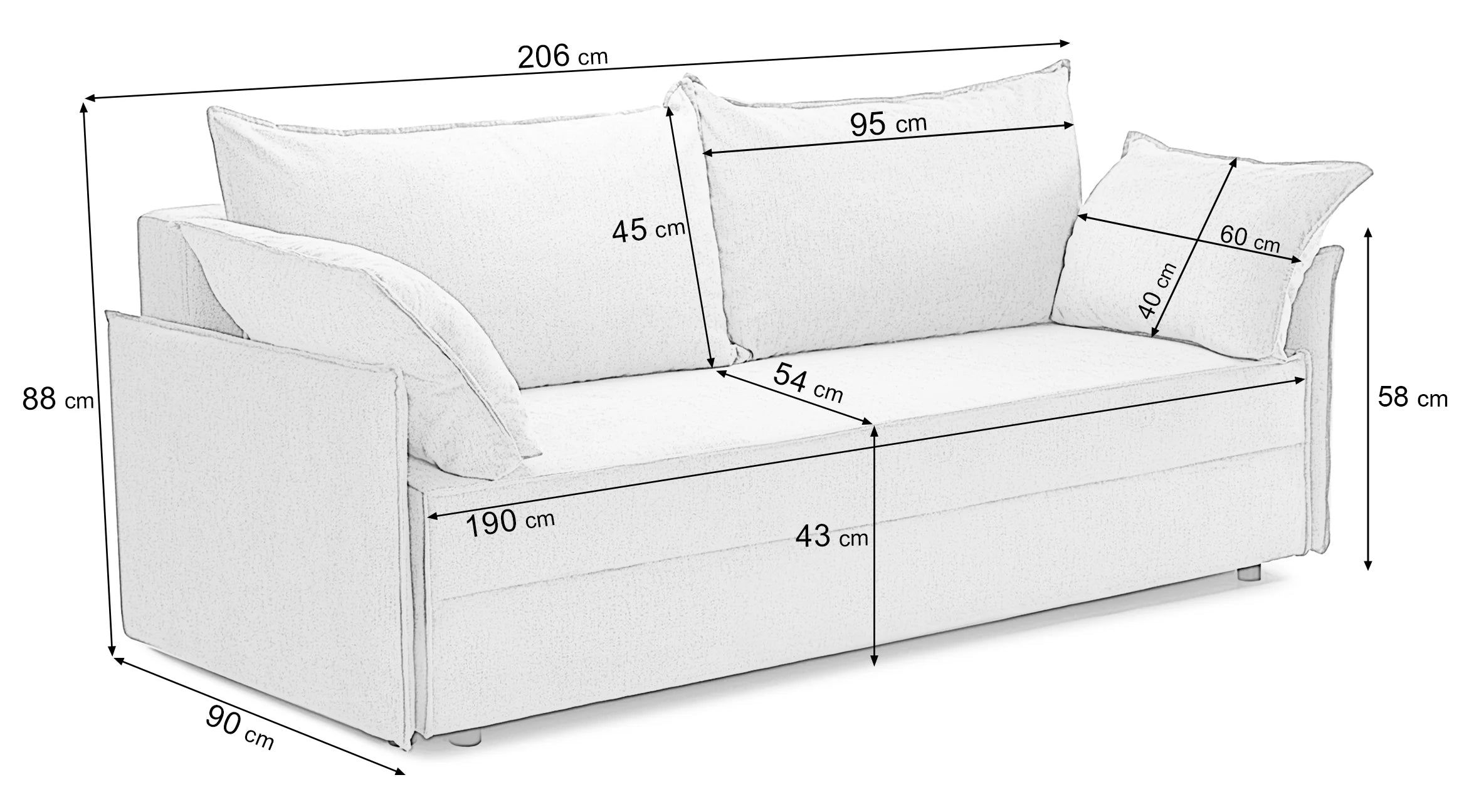 Canapea Extensibilă 3 locuri RIVA, cu ladă depozitare, 206x90x88 cm