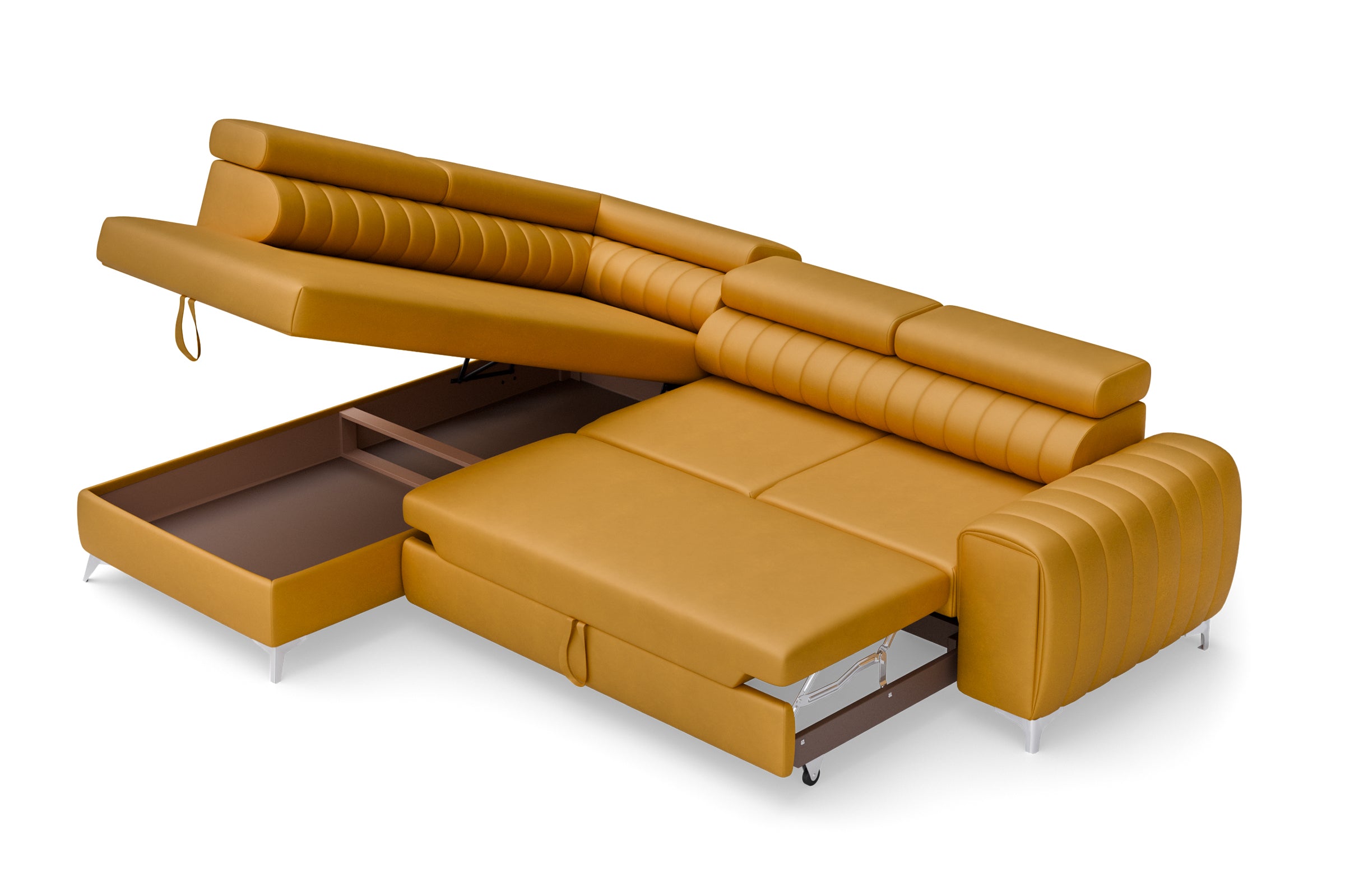 Colțar Extensibil TIME, cu lada depozitare, tetiere reglabile, varianta pe stânga, 285x220x95 cm, Galben Muștar - Outlet