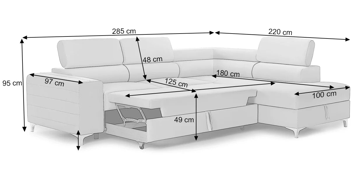 Colțar Extensibil TIME NEW, cu lada depozitare, tetiere reglabile, 285x220x95 cm