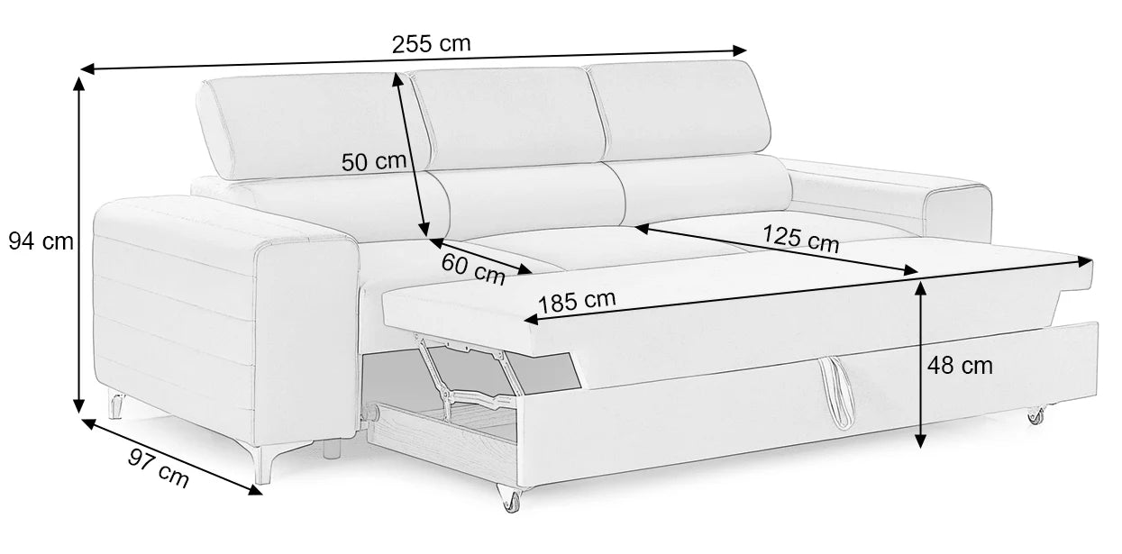 Canapea Extensibilă 3 locuri TIME , cu tetiere reglabile, cu suport lombar, 255x97x94 cm, Gri -Outlet