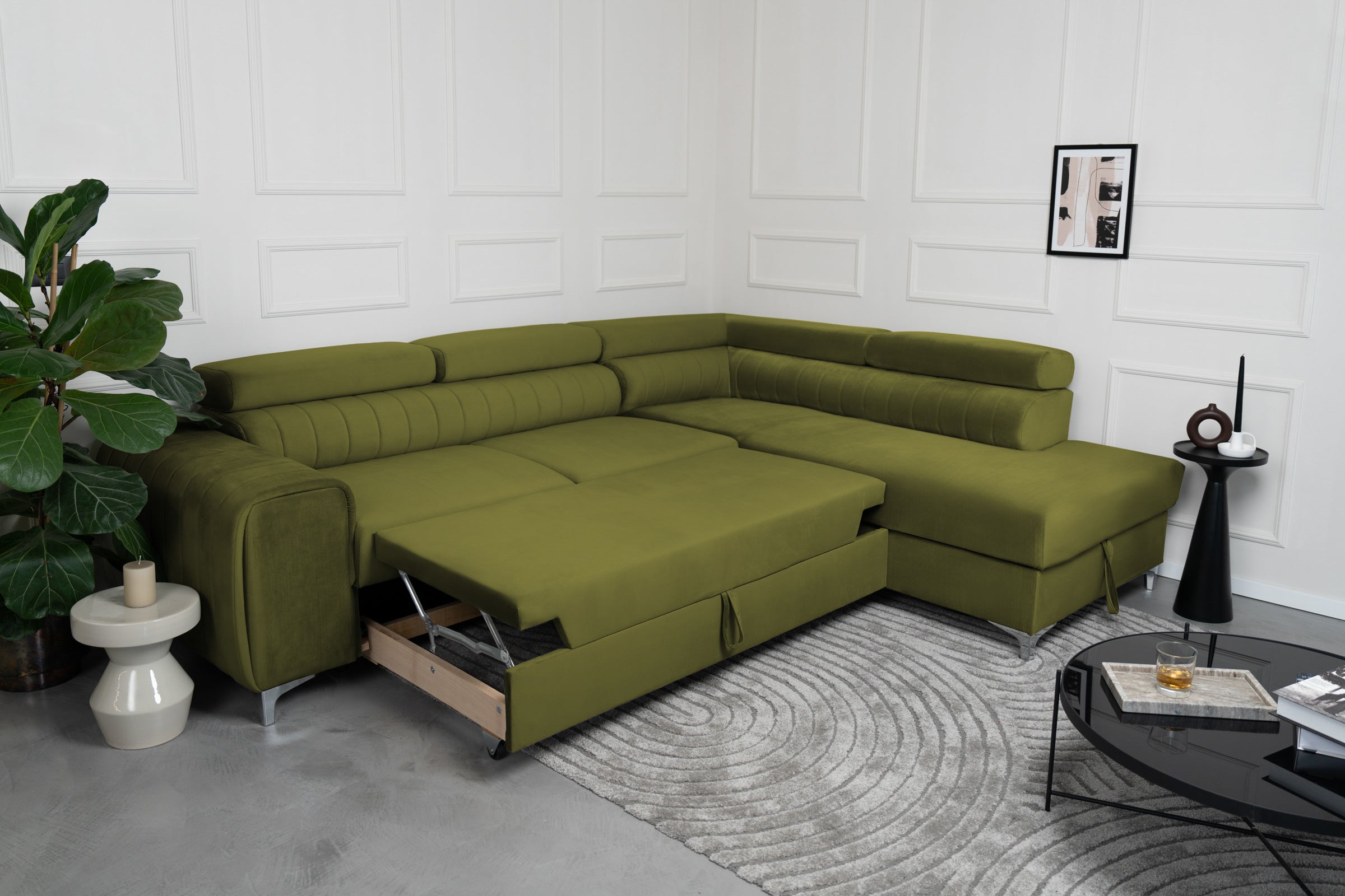 Colțar Extensibil TIME, cu lada depozitare, tetiere reglabile, 285x220x95 cm, #color_Verde-Olive-Velluto