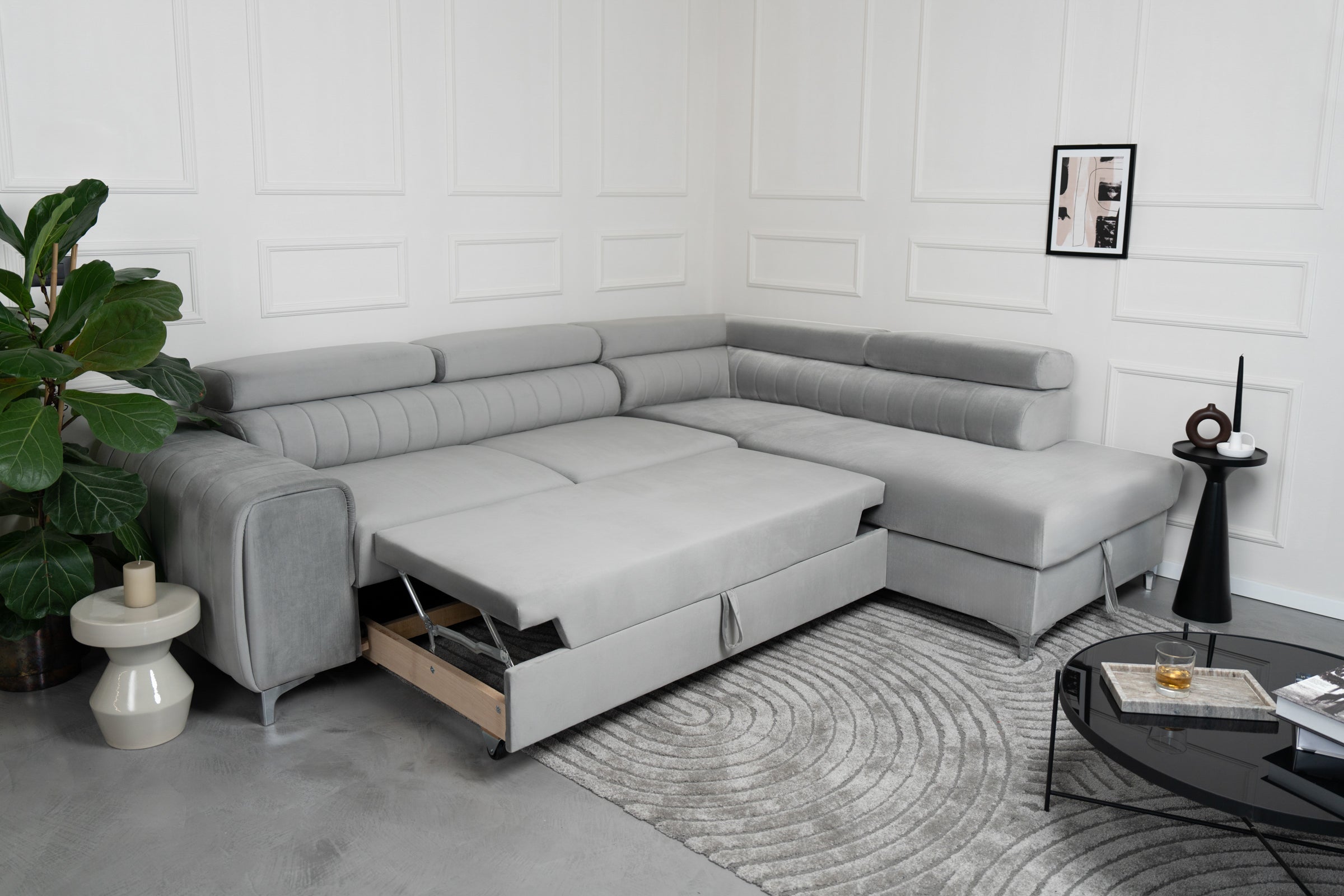 Colțar Extensibil TIME, cu lada depozitare, tetiere reglabile, 285x220x95 cm, #color_Gri-Silver-Velluto