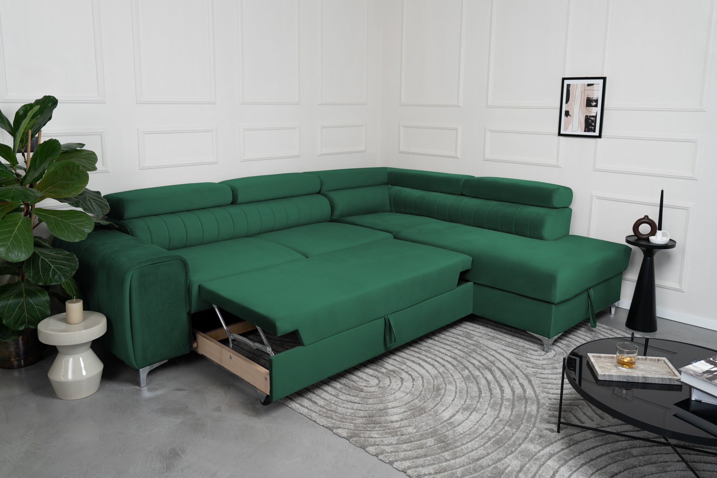 Colțar Extensibil TIME, cu lada depozitare, tetiere reglabile, 285x220x95 cm, #color_Verde-Padure-Velluto