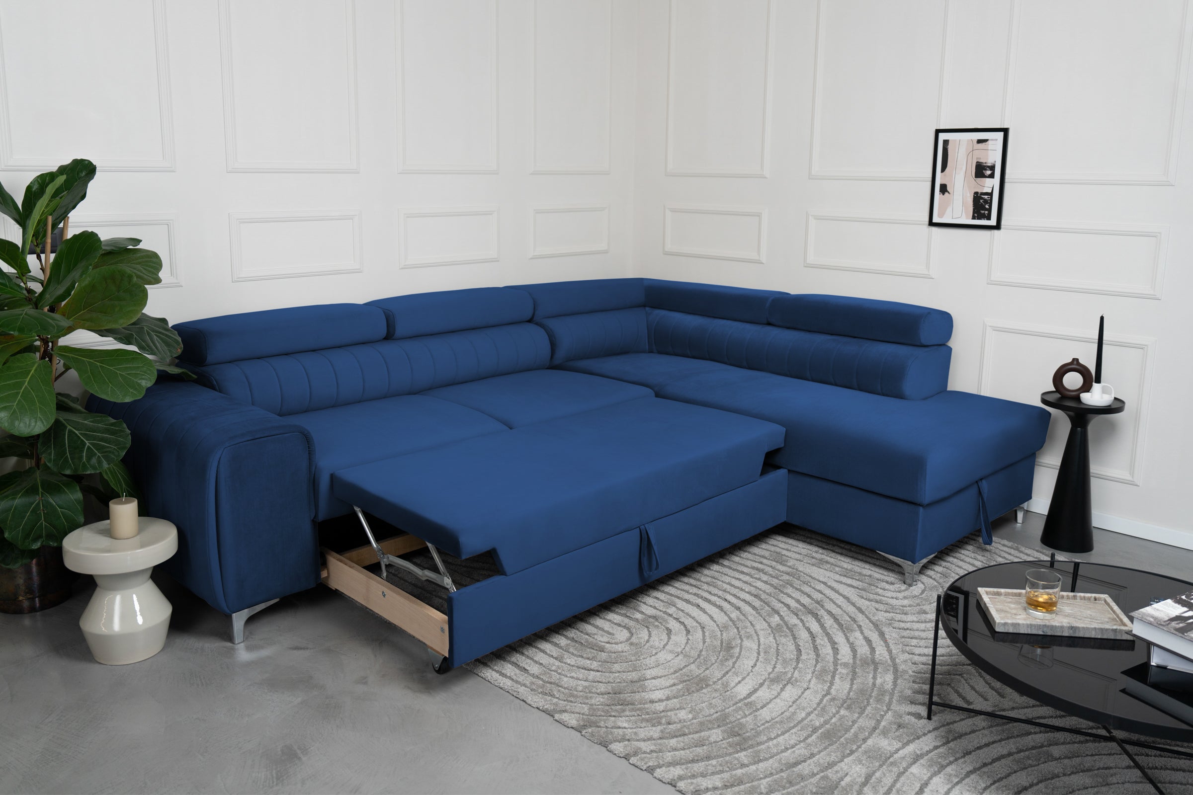 Colțar Extensibil TIME, cu lada depozitare, tetiere reglabile, 285x220x95 cm, #color_Albastru-Velluto