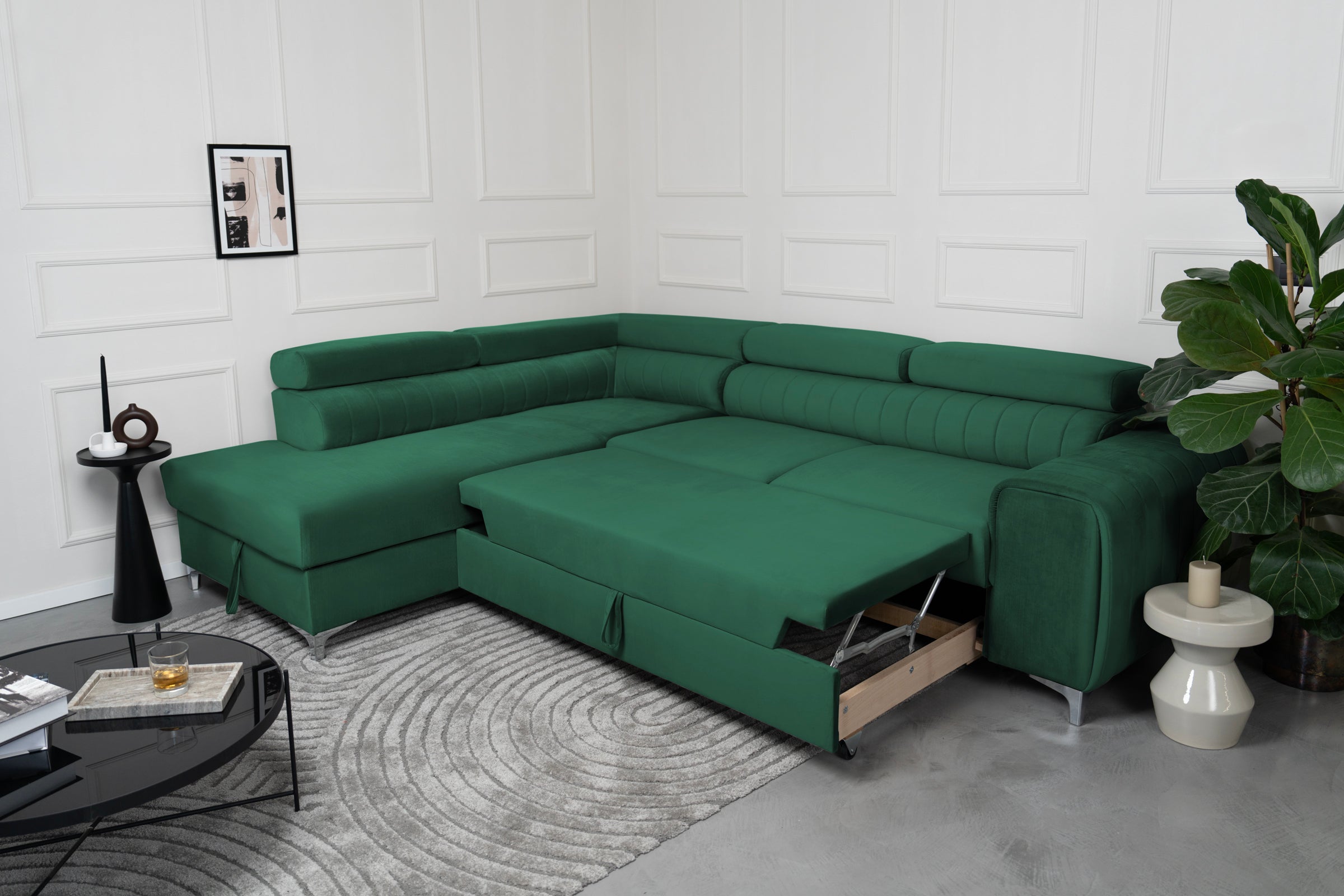 Colțar Extensibil TIME, cu lada depozitare, tetiere reglabile, 285x220x95 cm, #color_Verde-Padure-Velluto