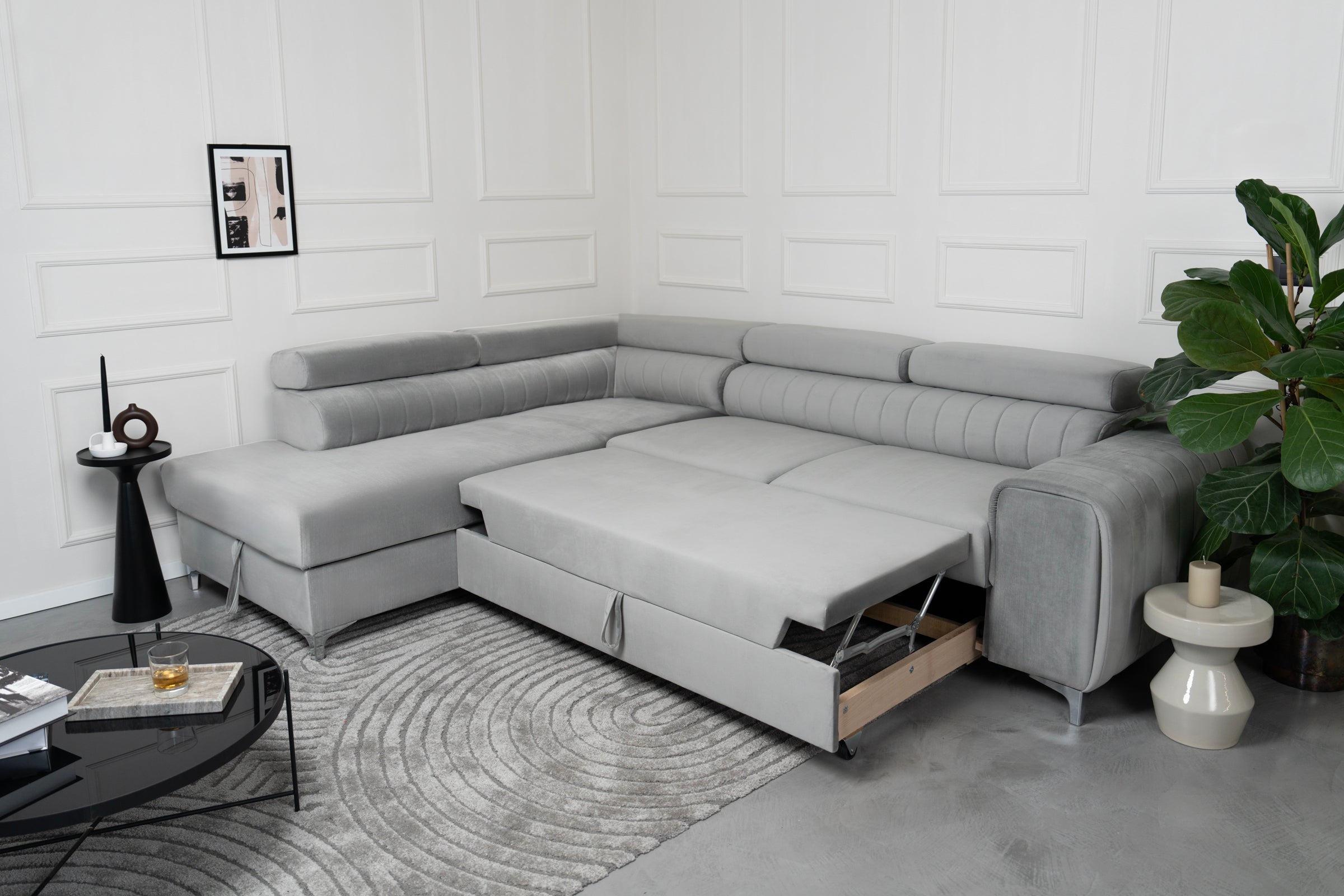 Colțar Extensibil TIME, cu lada depozitare, tetiere reglabile, 285x220x95 cm, #color_Gri-Silver-Velluto