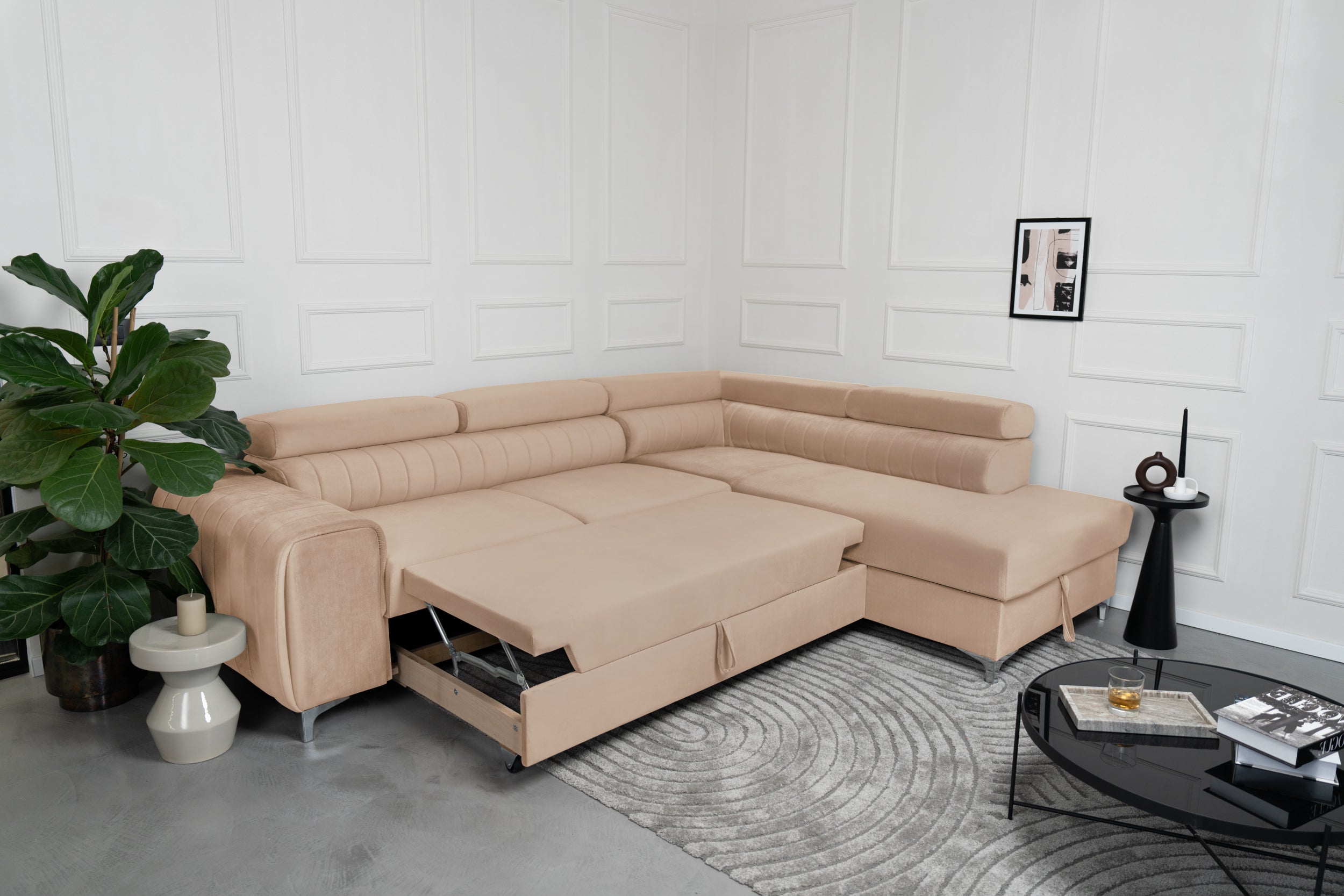 Colțar Extensibil TIME, cu lada depozitare, tetiere reglabile, 285x220x95 cm, #color_Bej-Velluto
