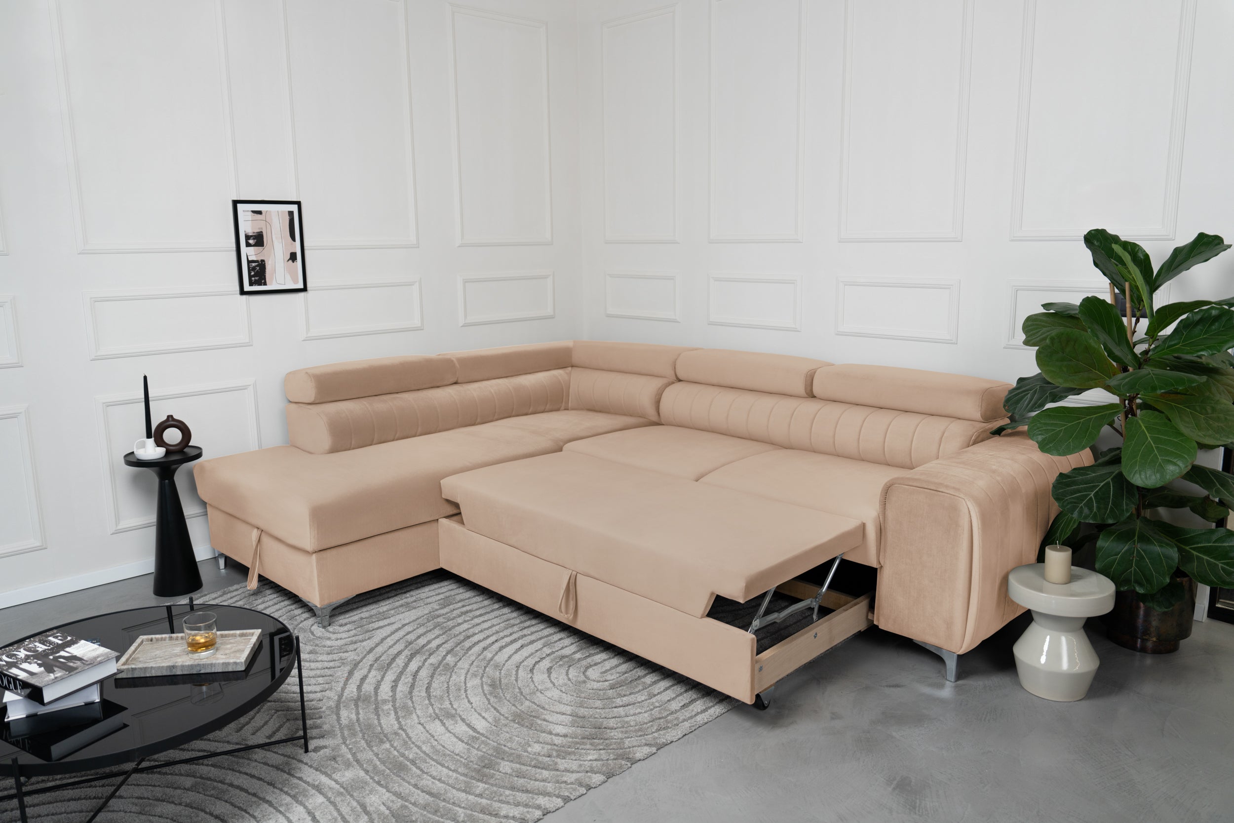 Colțar Extensibil TIME, cu lada depozitare, tetiere reglabile, 285x220x95 cm, #color_Bej-Velluto