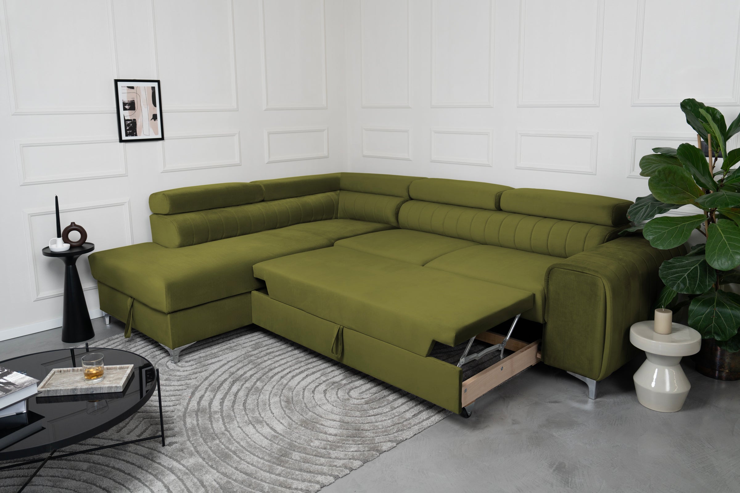 Colțar Extensibil TIME, cu lada depozitare, tetiere reglabile, 285x220x95 cm, #color_Verde-Olive-Velluto