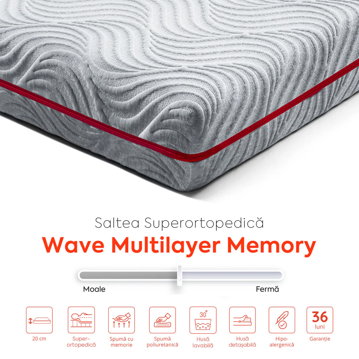 Saltea WAVE MULTILAYER, spumă cu memorie, spumă reziliență mare, husă