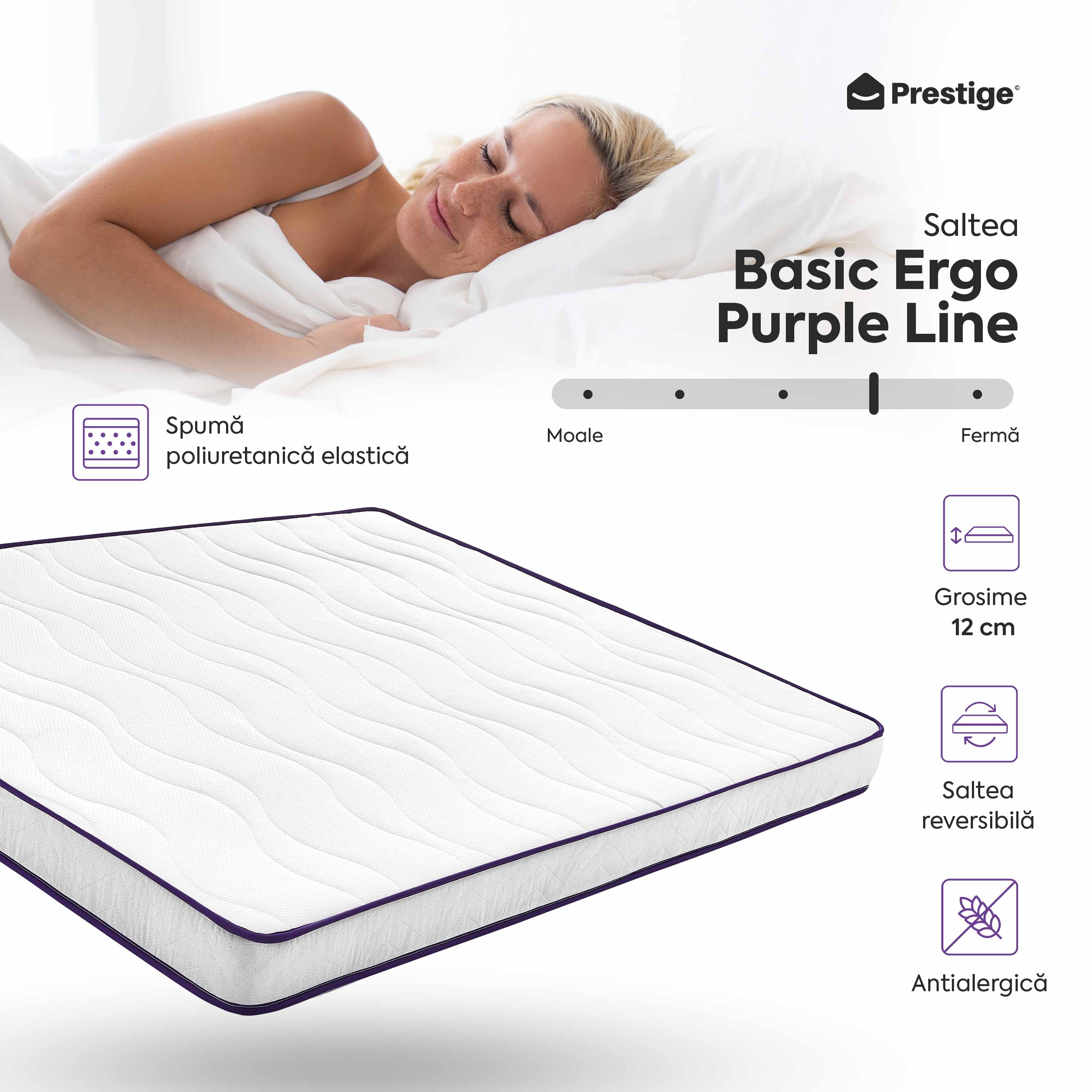 Saltea BASIC ERGO PURPLE LINE, spumă poliuretanică, reversibilă, hipoalergenică, ortopedică, Grosime 12 cm