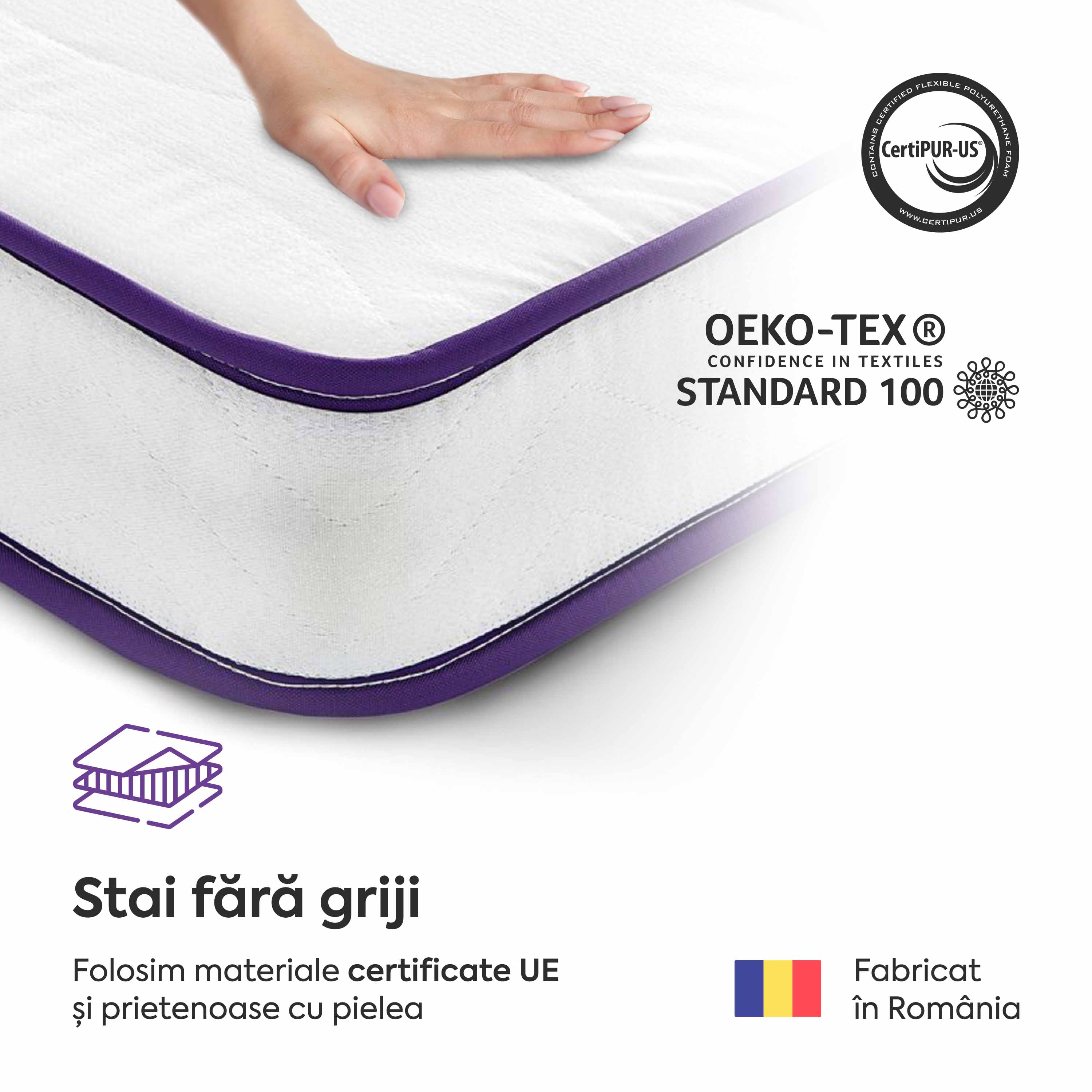 Saltea BASIC ERGO PURPLE LINE, spumă poliuretanică, reversibilă, hipoalergenică, ortopedică, Grosime 12 cm