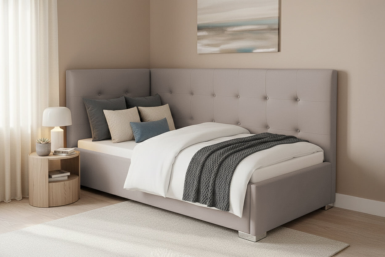 Pat Tapițat Lille de colț, cu somieră rabatabilă și ladă depozitare, #color_Swing-Bej