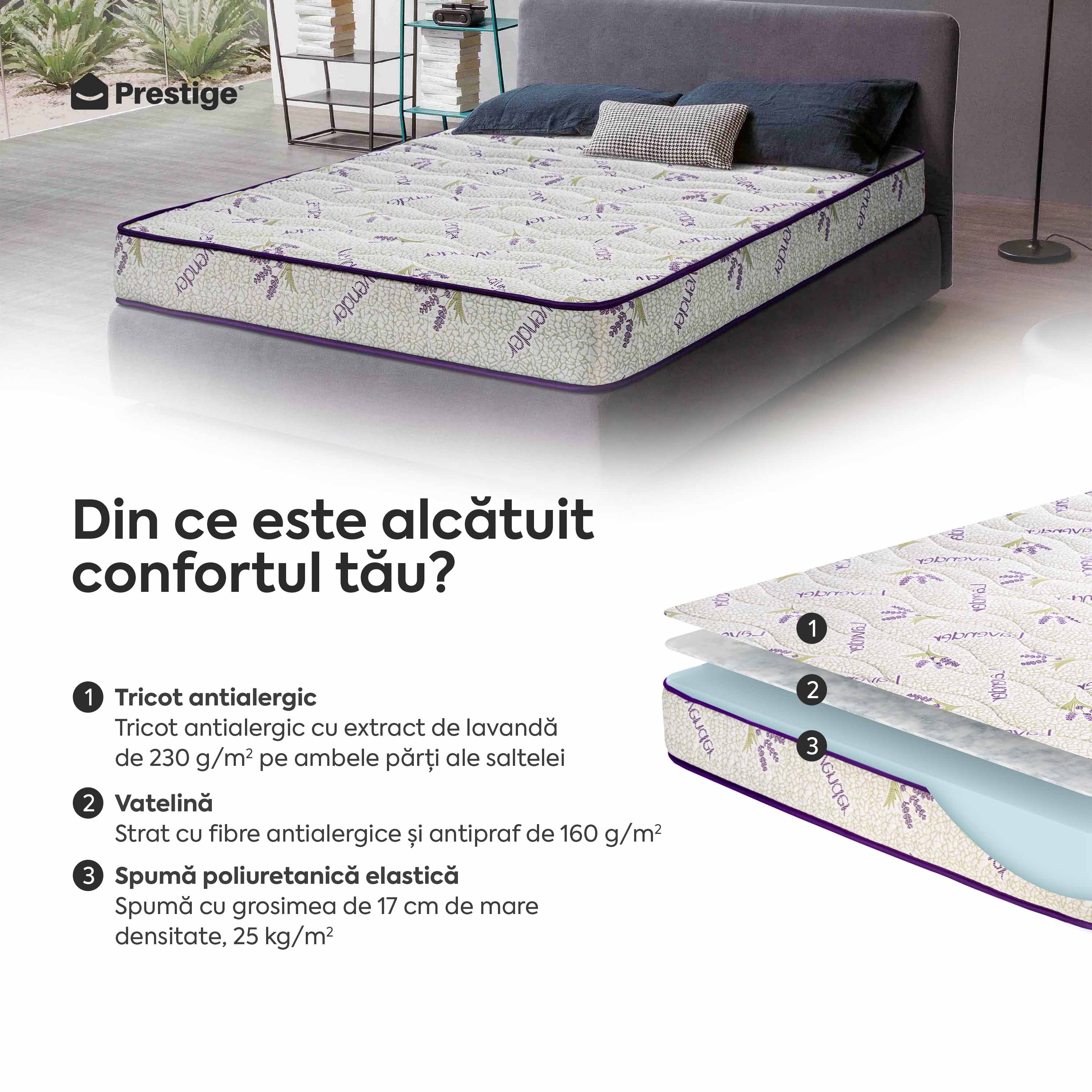 Saltea LAVENDER AIR-FRESH, spumă poliuretanică, reversibilă, hipoalergenică, super ortopedică, Grosime 19 cm  - Prestige Home