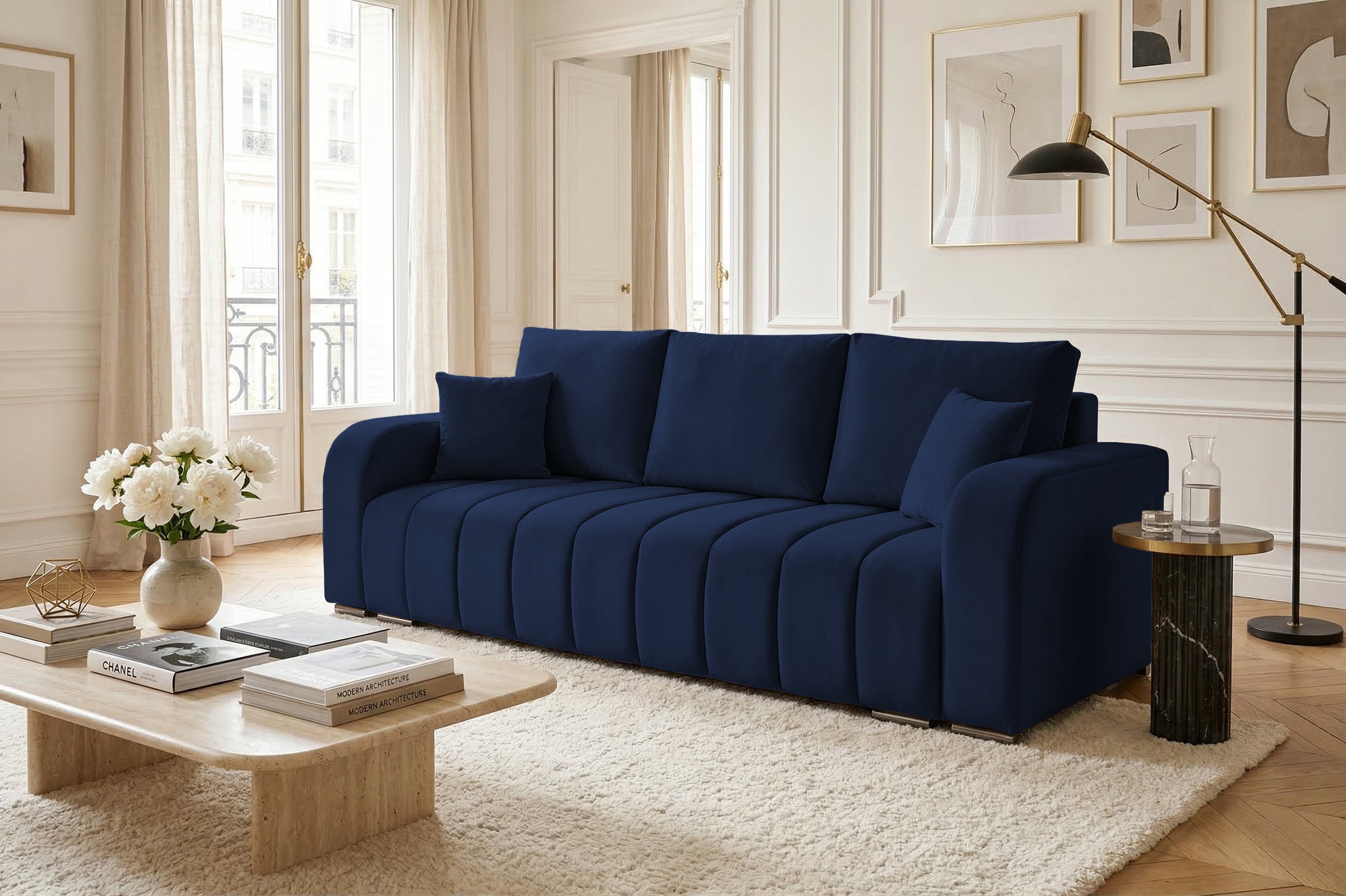 Canapea Extensibila 3 locuri Diego, cu lada de depozitare, 230x92x90 cm - Prestigehome.ro - Canapea - Prestige - #color_velutto-albastru