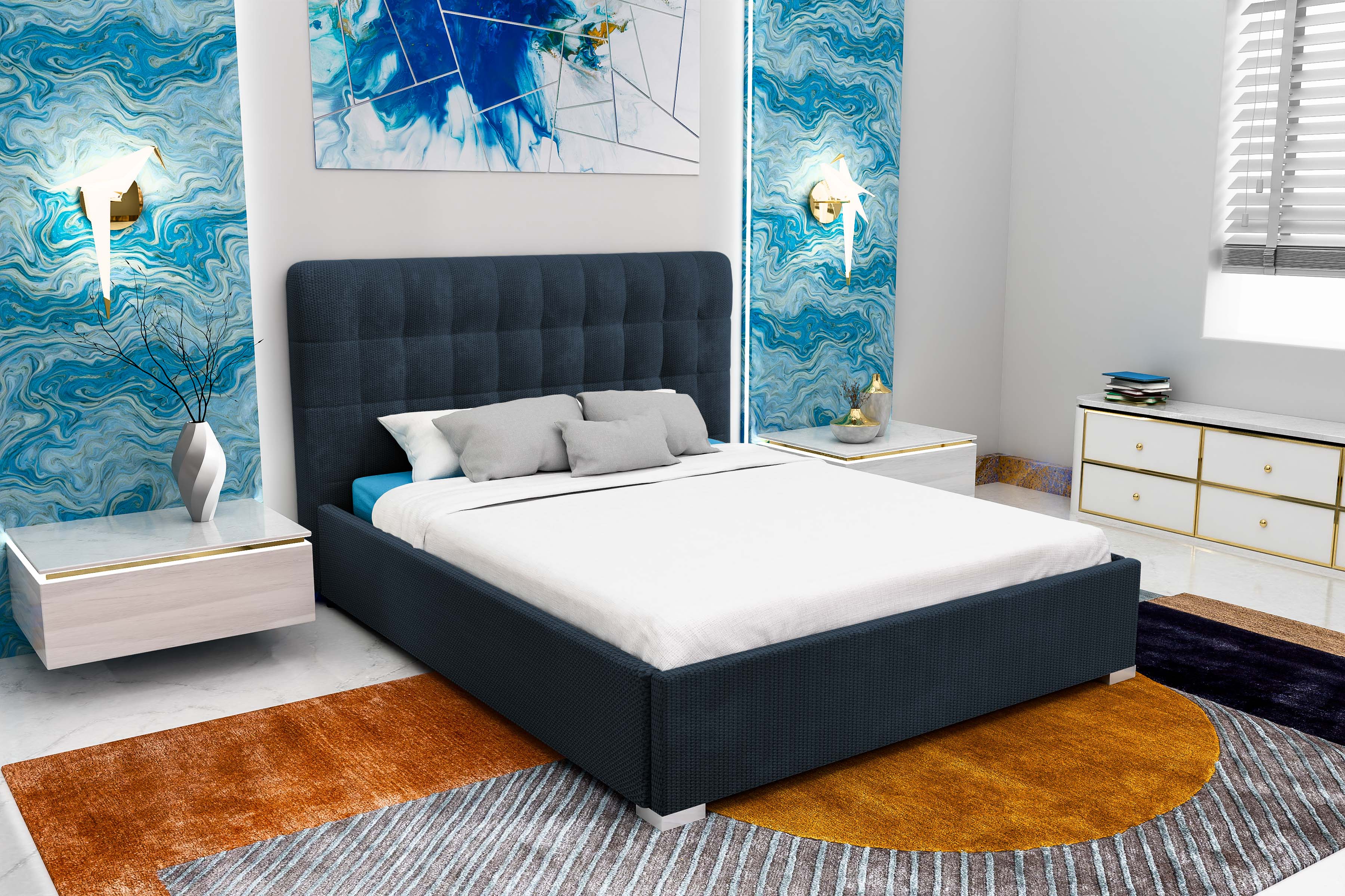 Pat Tapițat Strasbourg Premium, cu somieră rabatabilă și ladă depozitare, #color_Albastru-Inchis-Eden